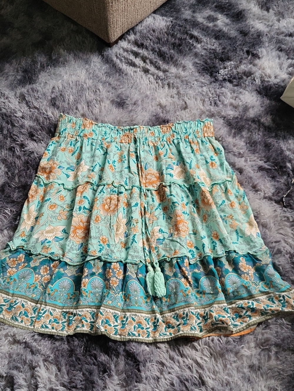Shein Floral Tiered Boho Skirt in Aqua and Cream